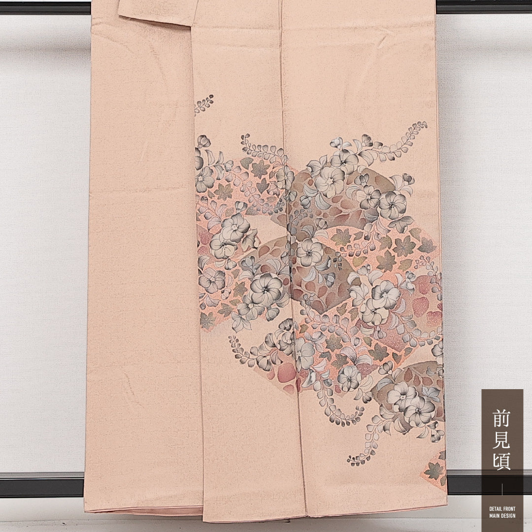 訪問着 袷 身丈154cm 裄丈62cm Sランク 正絹 辻が花調 広衿 Sサイズ 一つ紋（五三桐） セミフォーマル 辻が花 上品 華やか ベージュ系 ピンク系 1212-13967