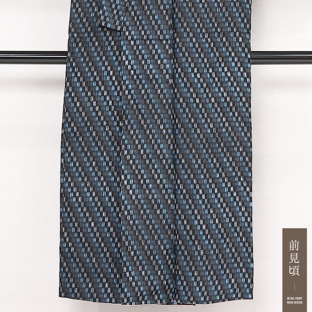 アンティーク 紬 袷 身丈146cm 裄丈62cm 正絹 Aランク バチ衿 XSサイズ チェック 青系 RP 1223-13356