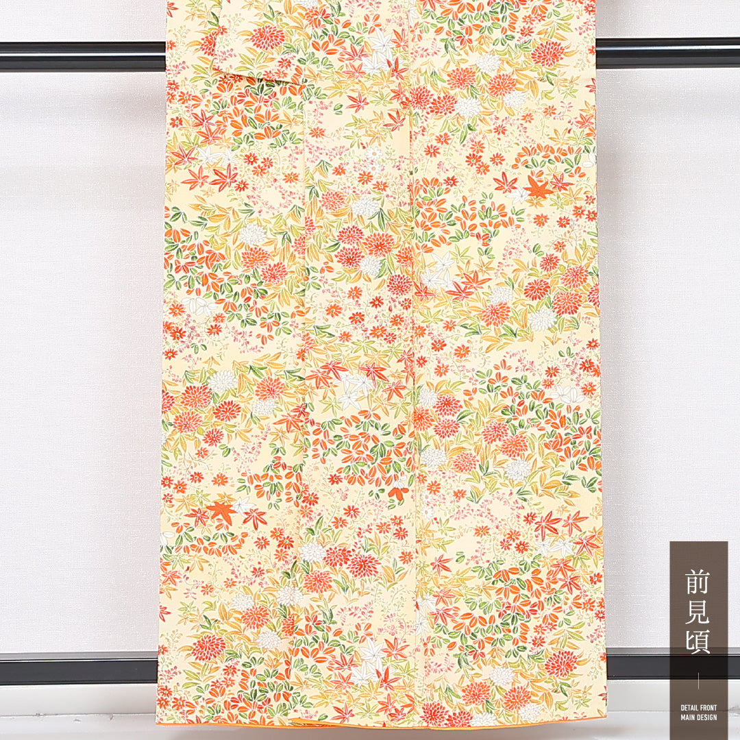 小紋 袷 身丈157cm 裄丈62cm 正絹 Sランク インフォーマル 広衿 Mサイズ 菊 紅葉 クリーム系 RP 1221-11963