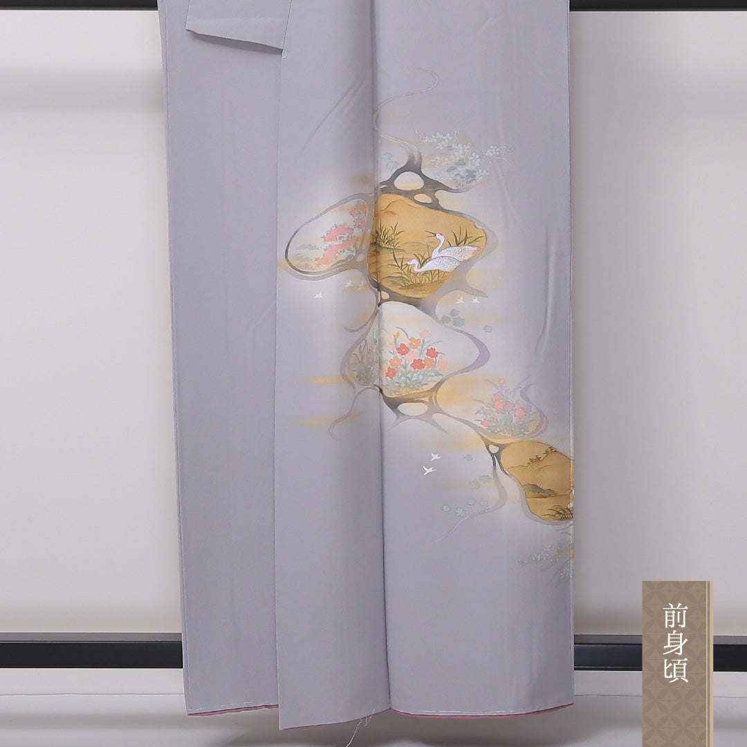 訪問着 袷 身丈158cm 裄丈62cm 正絹 Aランク セミフォーマル 広衿 Mサイズ ぼかし染 鶴 花柄 グレー系 RP 1217-04585