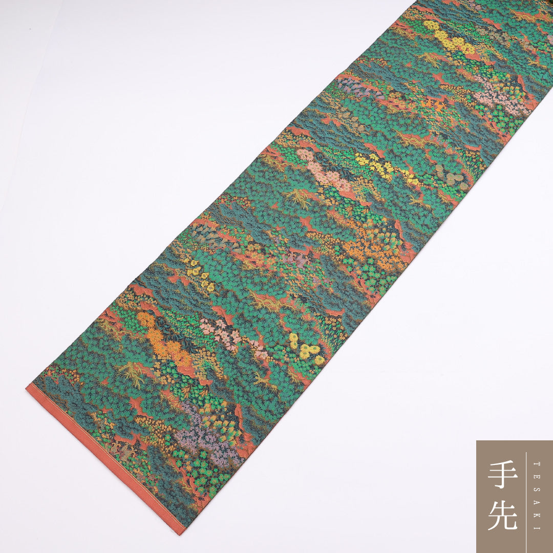 袋帯 帯丈432cm 全通 紹巴織 萬葉織苑 山喜織物 風景 カジュアル 緑系 正絹 Sランク 1223-00890