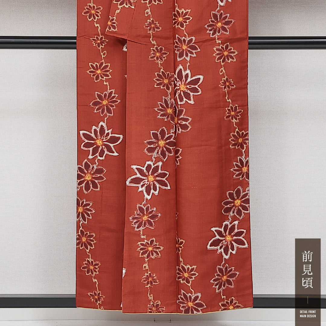 アンティーク 紬 袷 身丈154cm 裄丈65cm 正絹 Aランク バチ衿 Sサイズ 花柄 可憐 大正ロマン 朱系 HP 1223-14420