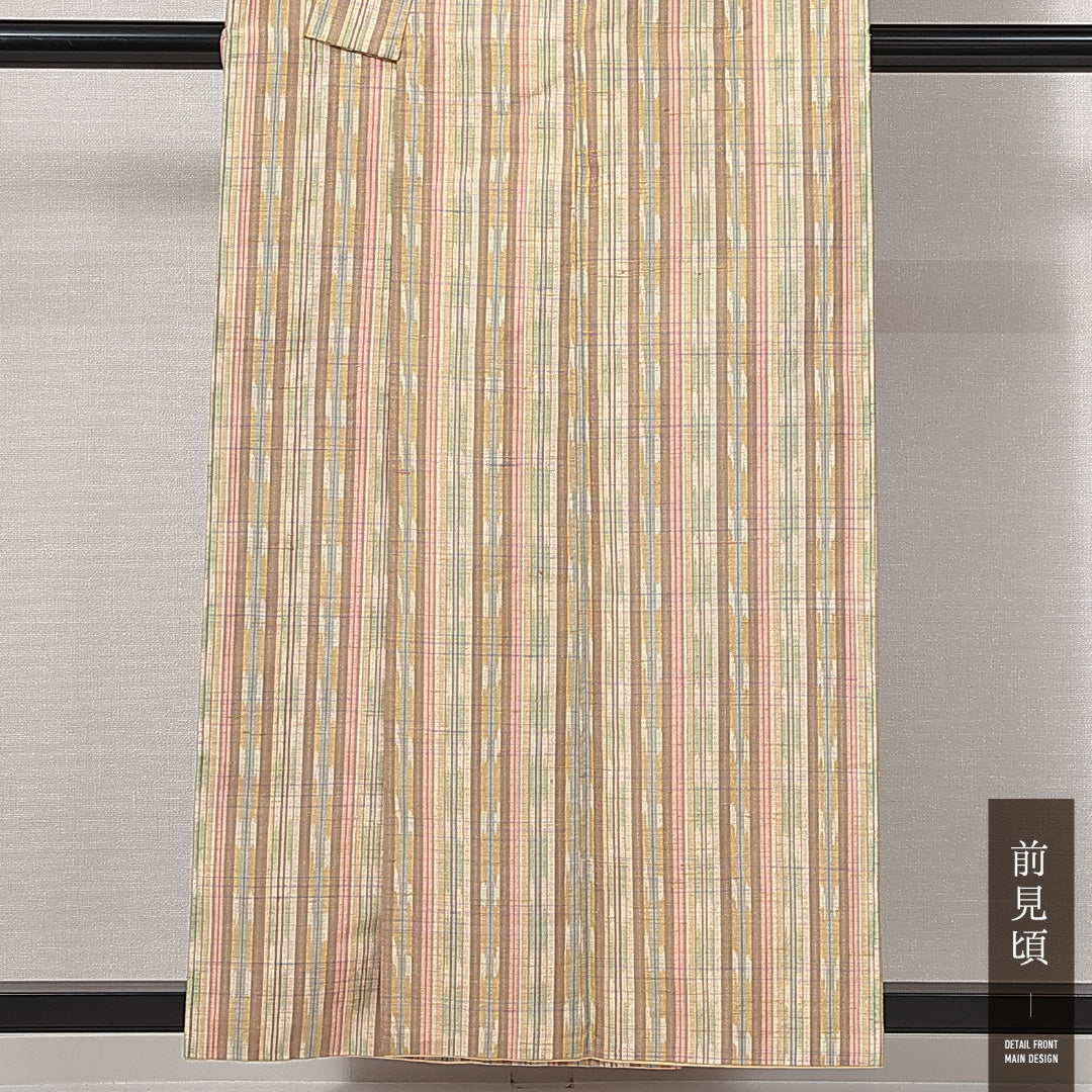 紬 袷 身丈155cm 裄丈61cm 正絹 Sランク Mサイズ バチ衿 カジュアル 縞 クリーム系 黄系 1216-14834