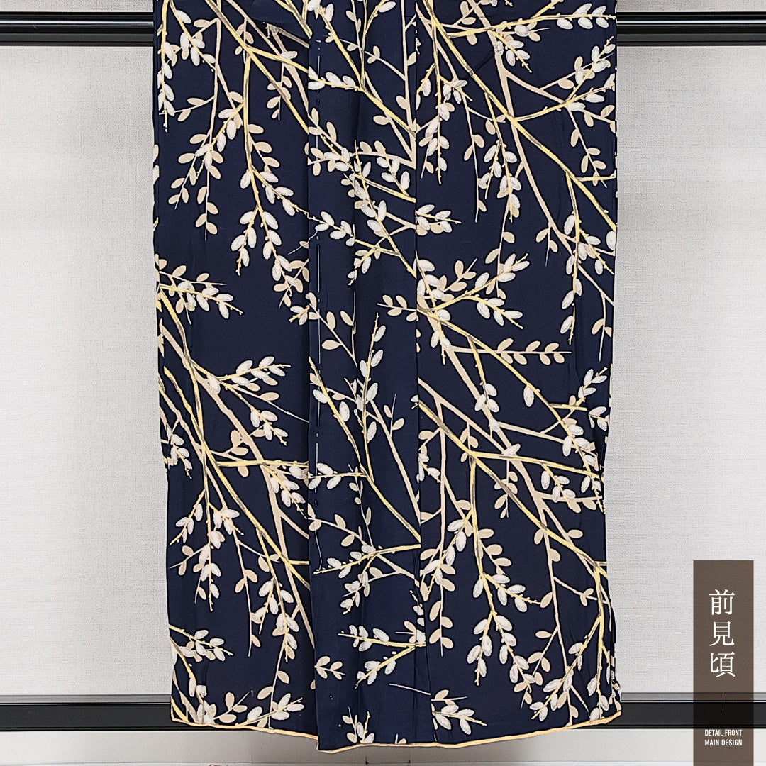アンティーク 小紋 袷 身丈152cm 裄丈60cm 正絹 Cランク バチ衿 Sサイズ 雪柳 紺系 RP 1221-14252