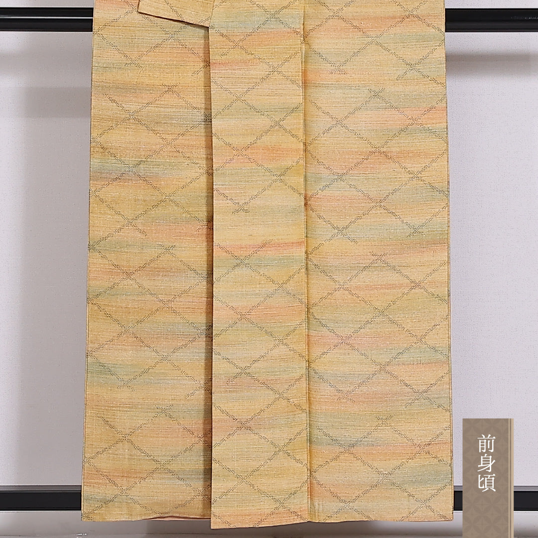 紬 袷 身丈154.5cm 裄62.5cm 正絹 真綿紬 格子 黄系 Aランク 1216-01439