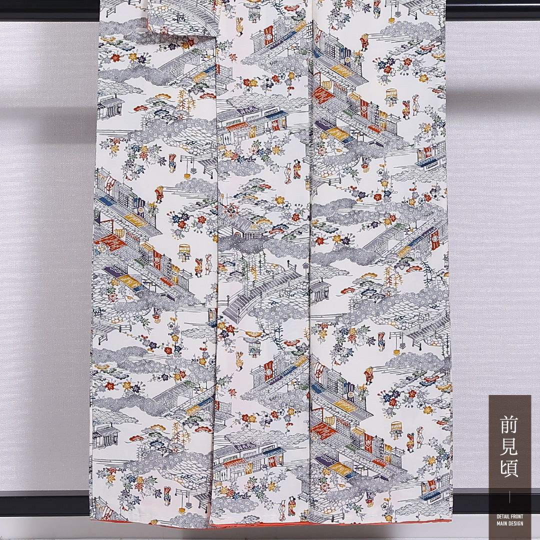 未使用品 小紋 袷 身丈155cm 裄丈62cm 正絹 Nランク インフォーマル 広衿 Mサイズ しつけ糸 人物 風景柄 グレー系 RP 1221-11668
