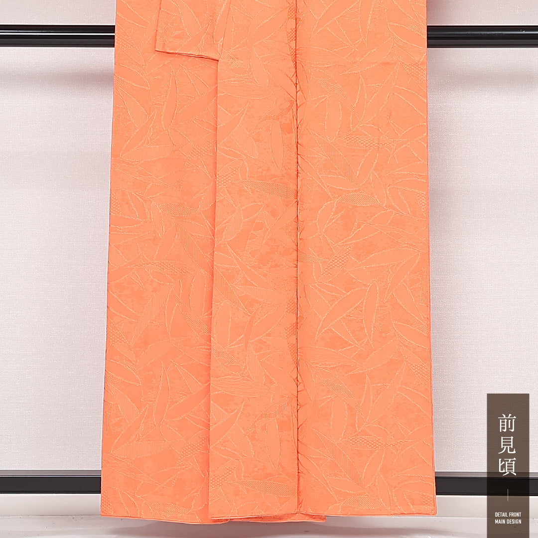 色無地 袷 身丈157cm 裄丈63cm 正絹 Aランク 一つ紋 (丸に橘) セミフォーマル 広衿 Mサイズ 笹 朱系 RP 1219-13399