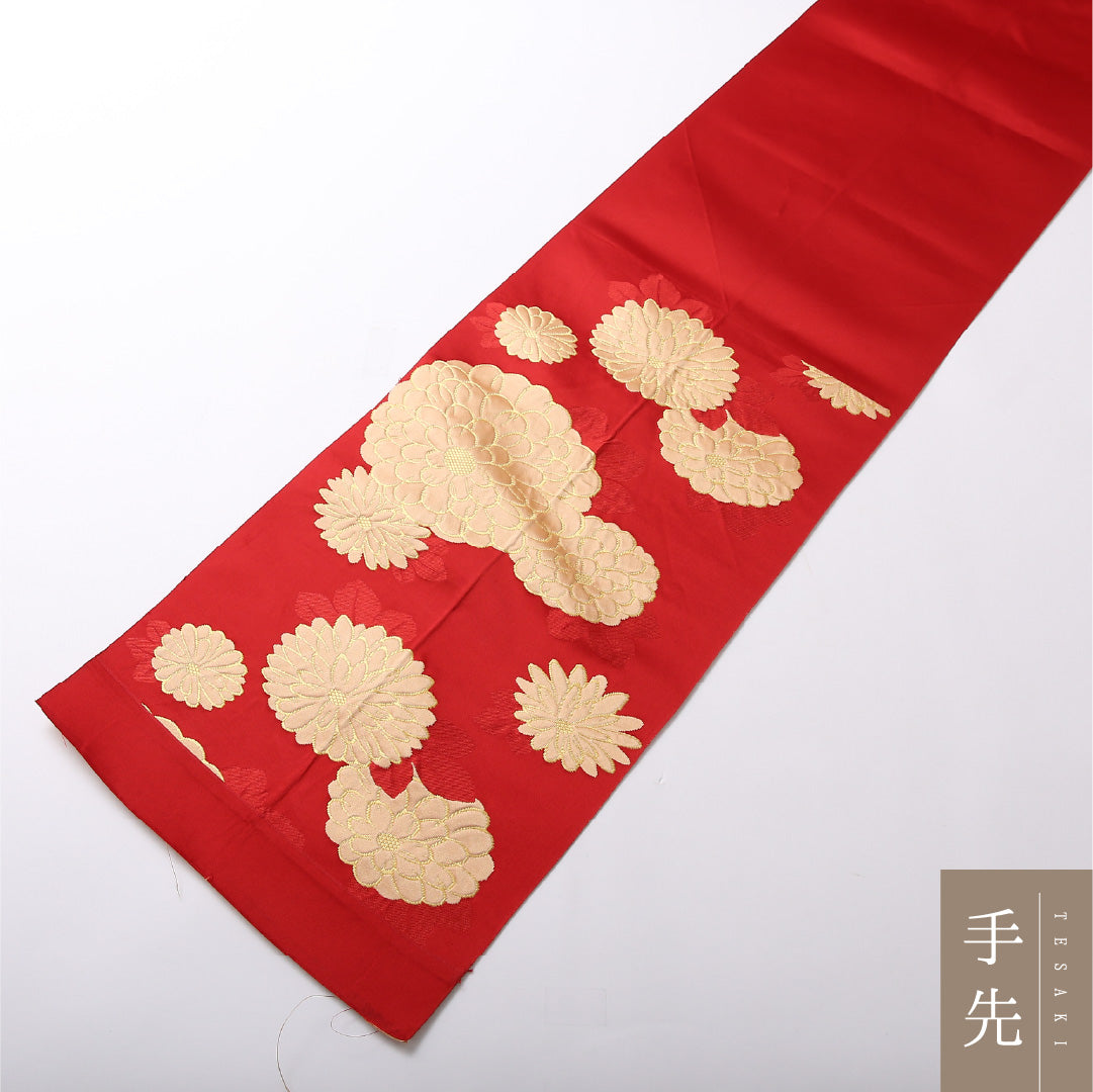 八寸名古屋帯 Aランク 帯丈360cm 正絹 六通 開き仕立て 織り セミフォーマル 菊 赤系・金系 HP 1245-03052
