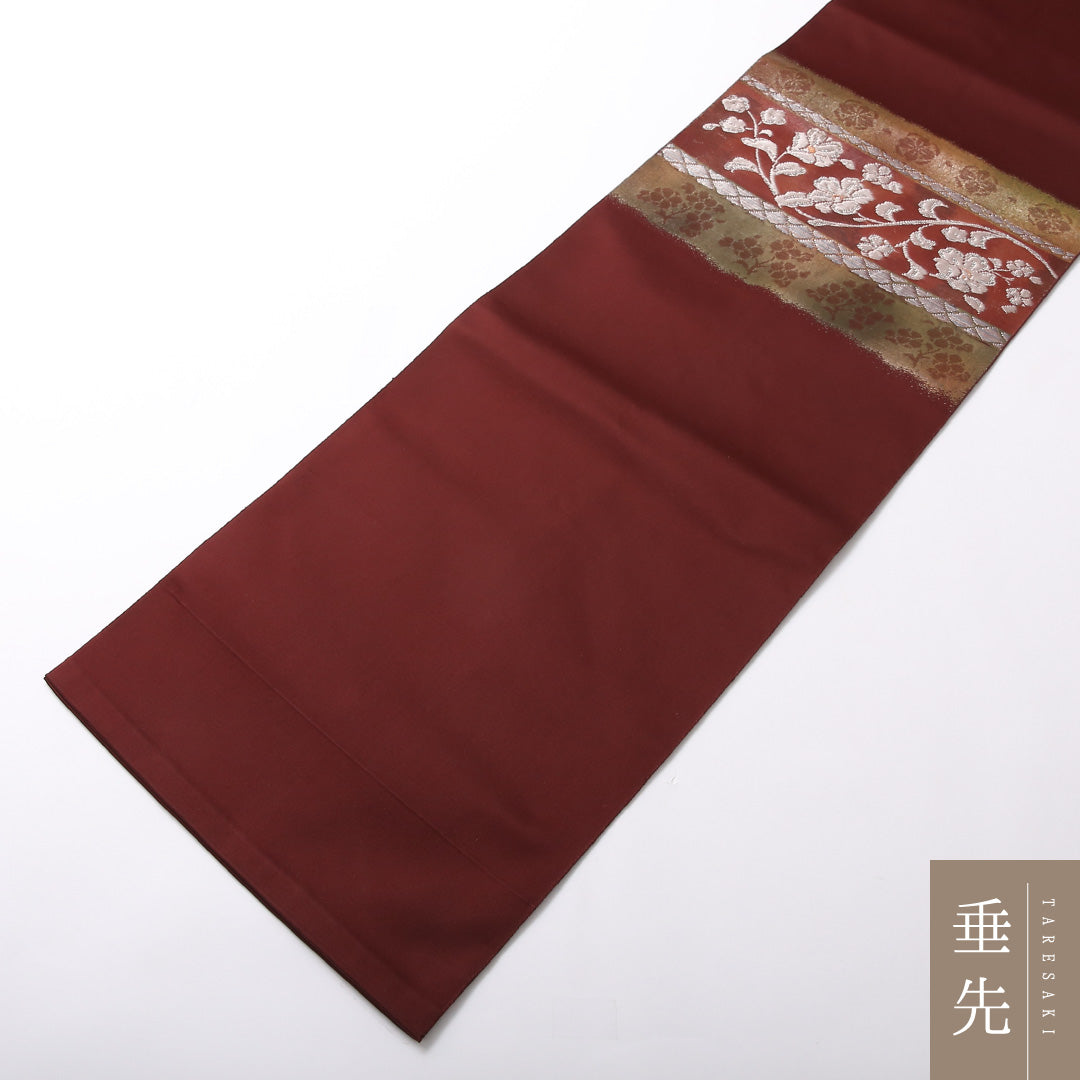 八寸名古屋帯 Sランク 帯丈364cm 正絹 ポイント柄 名古屋仕立て 織り セミフォーマル 唐草華文 赤の混ざった茶系 M4 1245-03053