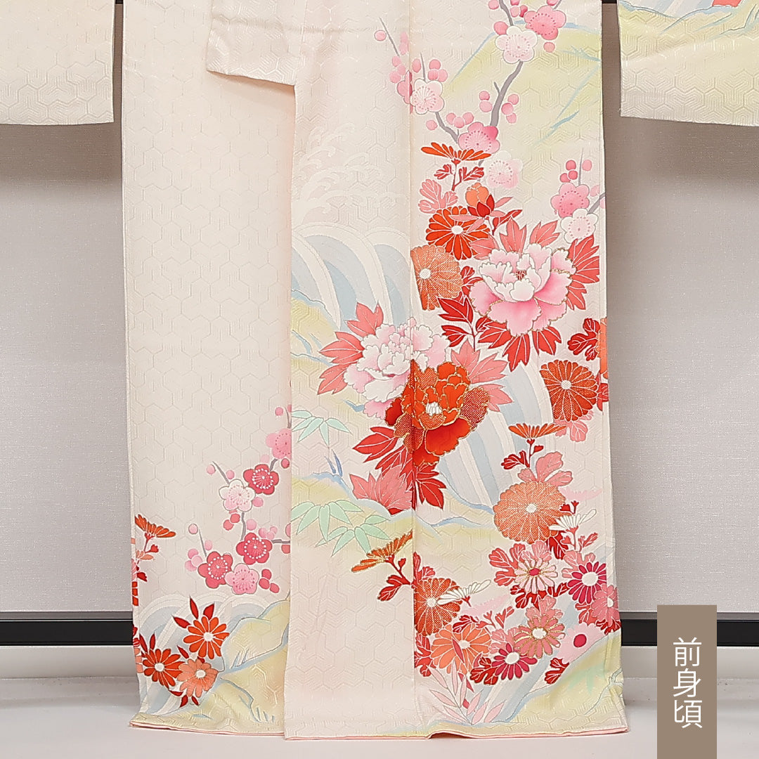 振袖 身丈168cm 裄丈65cm Aランク 正絹 袷 広衿 XL 牡丹 吉祥文様 菊 フォーマル 古典的 華やか クリーム系 白系 1213-F0545