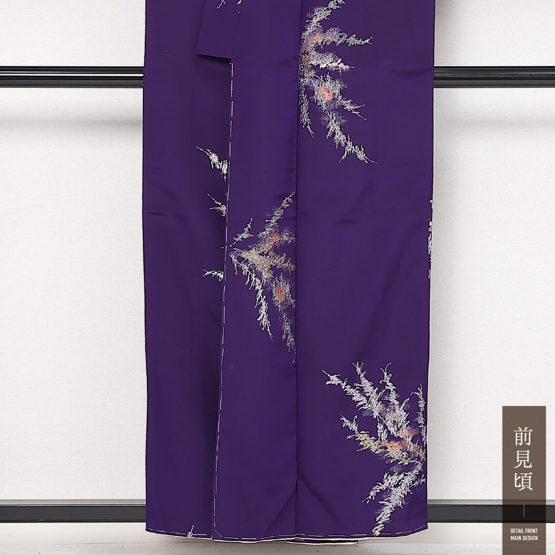 アンティーク お召 袷 身丈147cm 裄丈63cm 正絹 Aランク バチ衿 XSサイズ 漆糸 紫系 RP 1222-13579