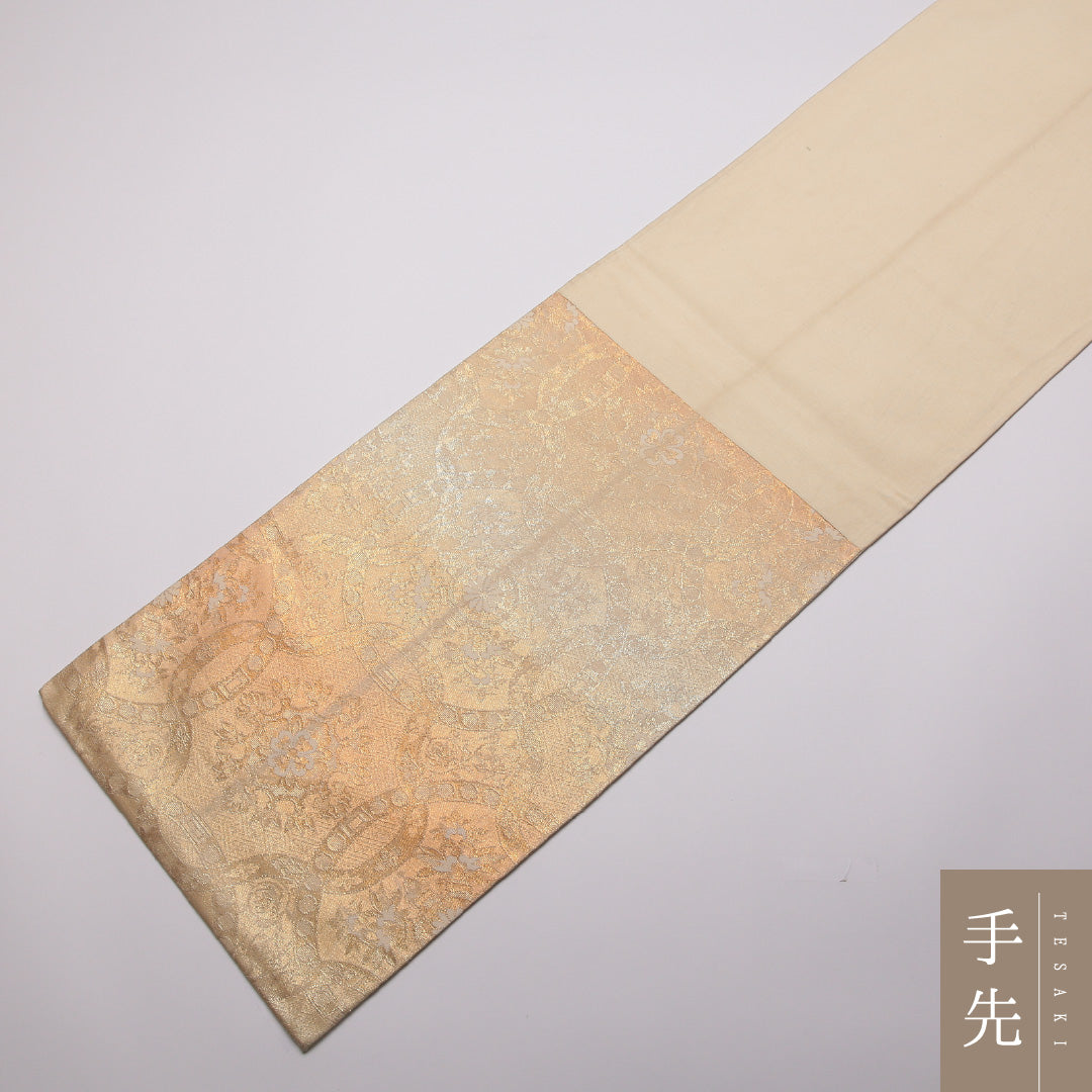 袋帯 帯丈422cm 正絹 六通 フォーマル 宝相華 引箔 ベージュ系 1243-01344