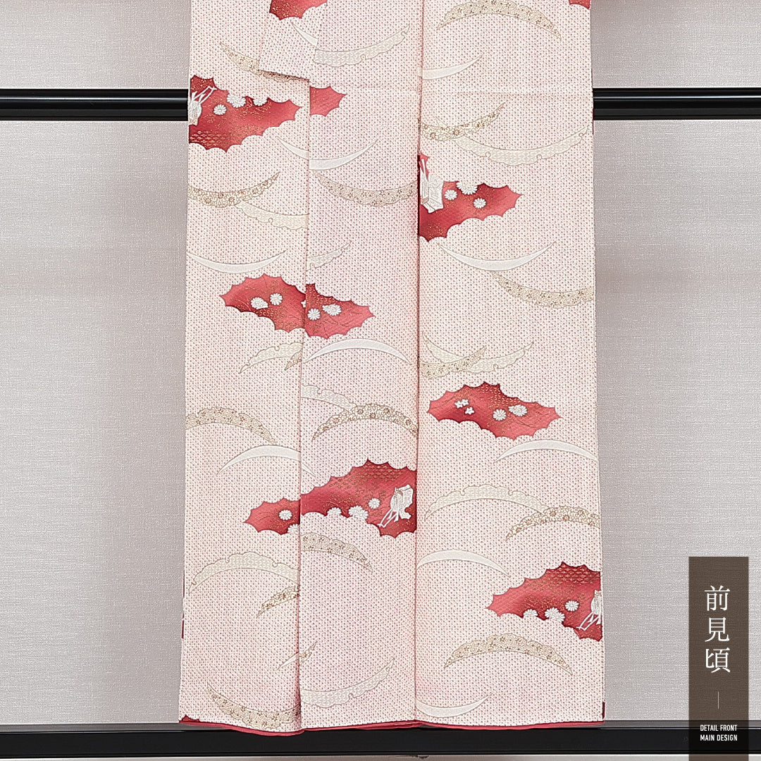 小紋 袷 身丈151cm 裄丈62cm 正絹 Sランク インフォーマル バチ衿 Sサイズ 吉祥文様 ピンク系 RP 1221-14618
