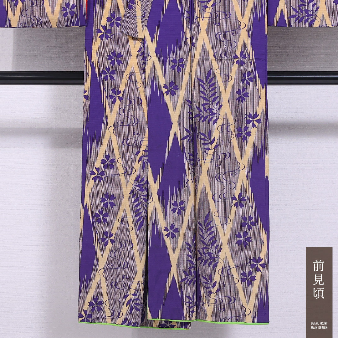 アンティーク 小紋 袷 身丈143cm 裄丈60cm 正絹 Dランク バチ衿 XSサイズ 流水 桜 青系 M4 1221-11754