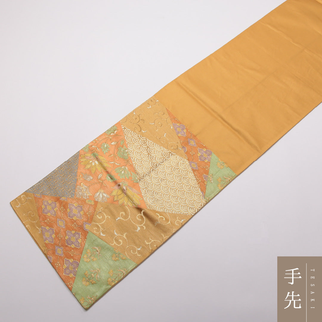 袋帯 帯丈414cm Aランク 六通 正絹 吉祥文様 唐草 花菱 青海波 カジュアル 黄系 1223-01411