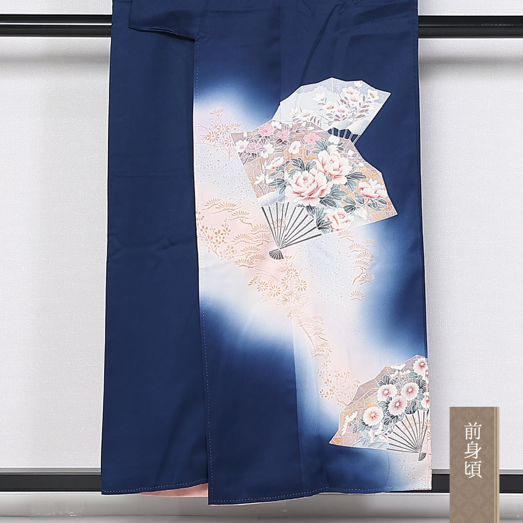訪問着 袷 身丈154cm 裄65cm 正絹 牡丹 扇子 ぼかし Aランク 1212-00777
