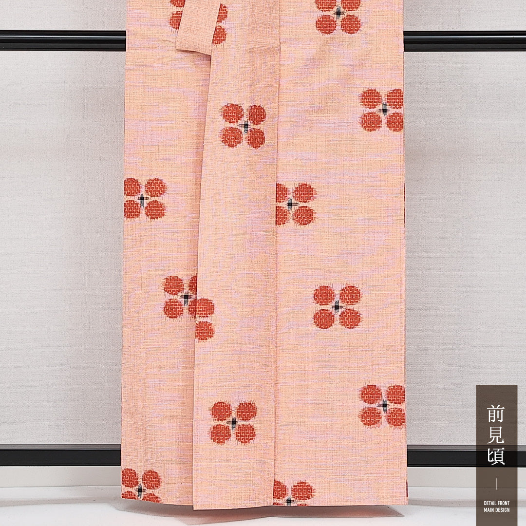 未使用品 真綿紬 単衣 身丈160cm 裄丈62cm 正絹 Sランク カジュアル バチ衿 Lサイズ 居敷当て 肩当て しつけ糸 朱系 RP 1223-14403