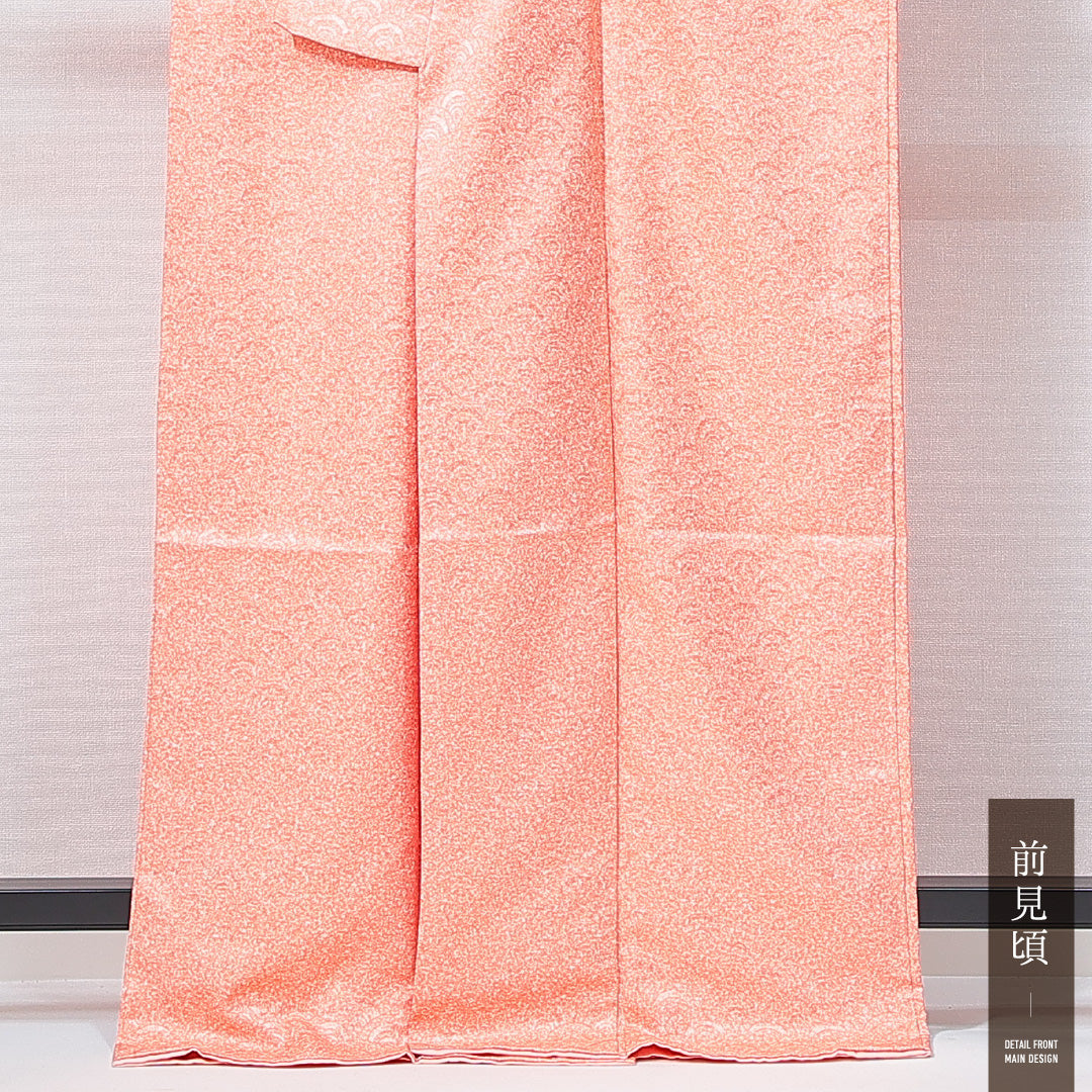 小紋 洗える着物 袷 身丈166cm 裄丈65cm ポリエステル Sランク XLサイズ 広衿 インフォーマル 青海波 ピンク系 白系 1215-14979