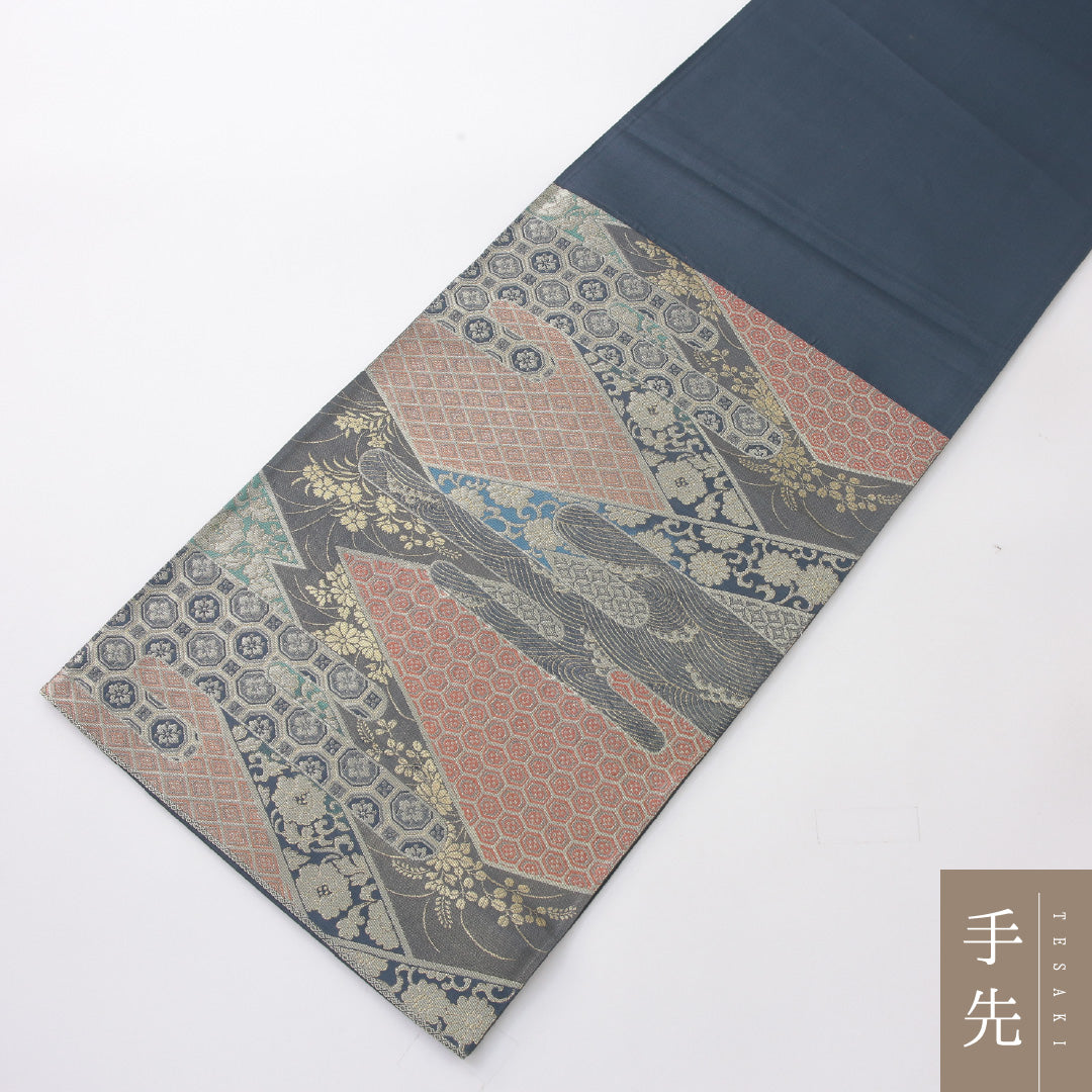 袋帯 帯丈424cm 正絹 六通 帯芯なし フォーマル 松皮菱 吉祥文様 青系 1243-02242