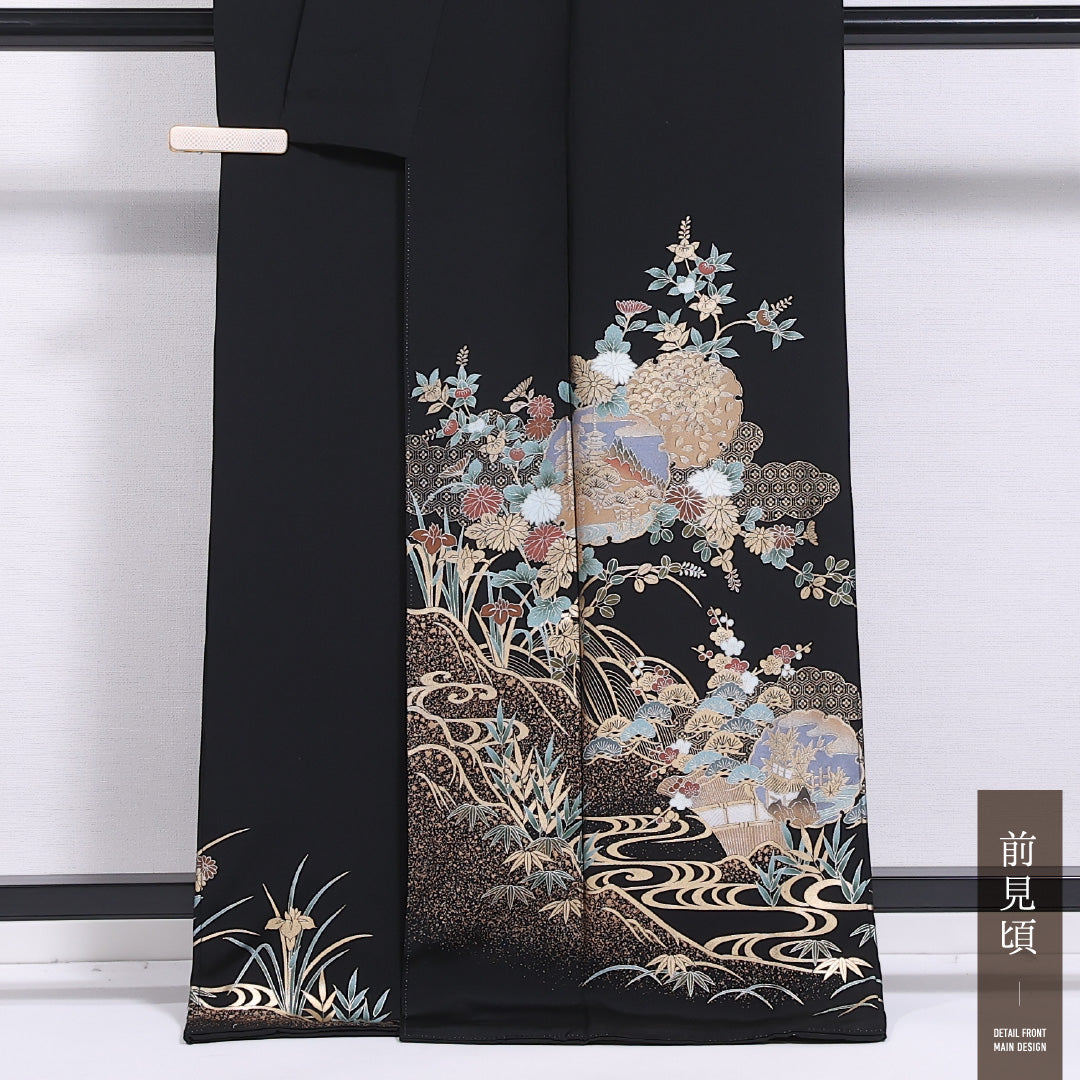 黒留袖 身丈168cm 裄丈66.5cm 袷 五つ紋 蔦 正絹 Bランク 広衿 雪輪 五重塔 吉祥文様 箔 比翼仕立て 1211-F0424