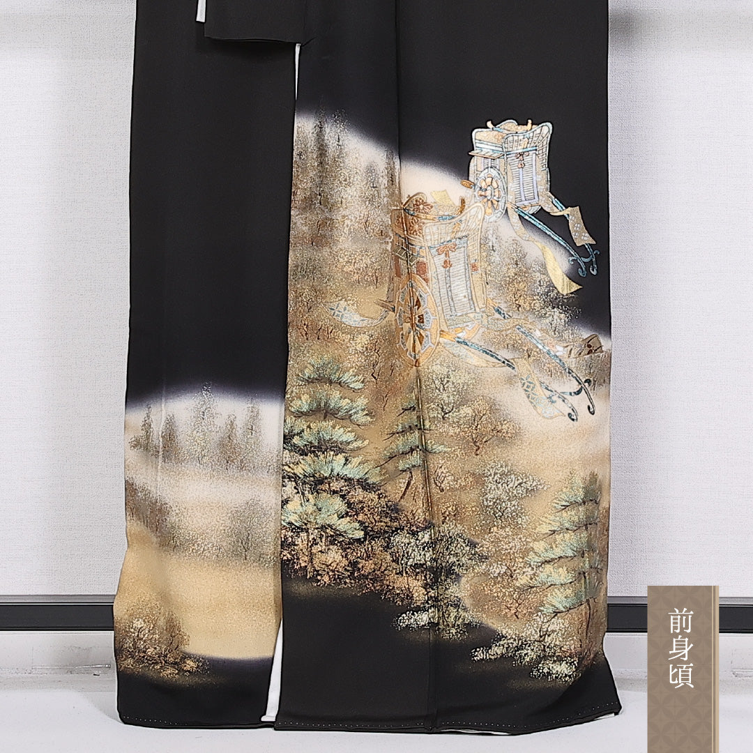 黒留袖 身丈162cm 裄丈65cm 袷 五つ紋 五三桐 正絹 Sランク 広衿 御所車 松 金箔 比翼仕立て 1211-F0315