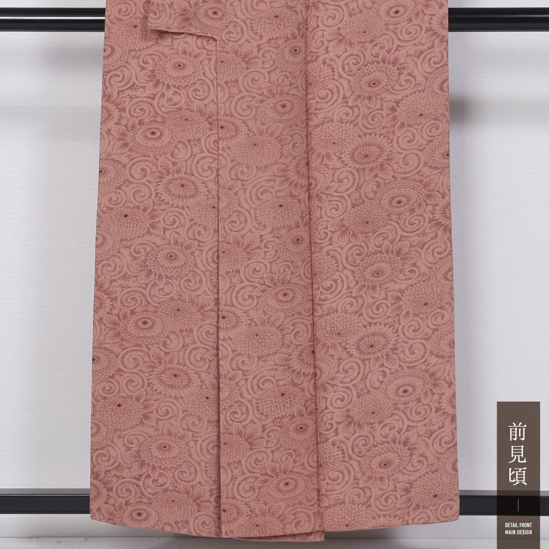 小紋 袷 身丈154cm 裄丈63cm 正絹 Aランク インフォーマル 広衿 Sサイズ 唐草 菊 ピンク系 M4 1221-11415