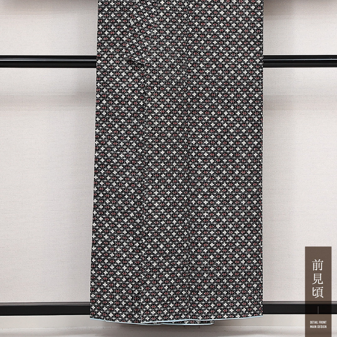 洗える着物 小紋 袷 身丈155cm 裄丈62cm ポリエステル Aランク インフォーマル バチ衿 Mサイズ しつけ糸 花菱亀甲 黒系 RP 1221-14061