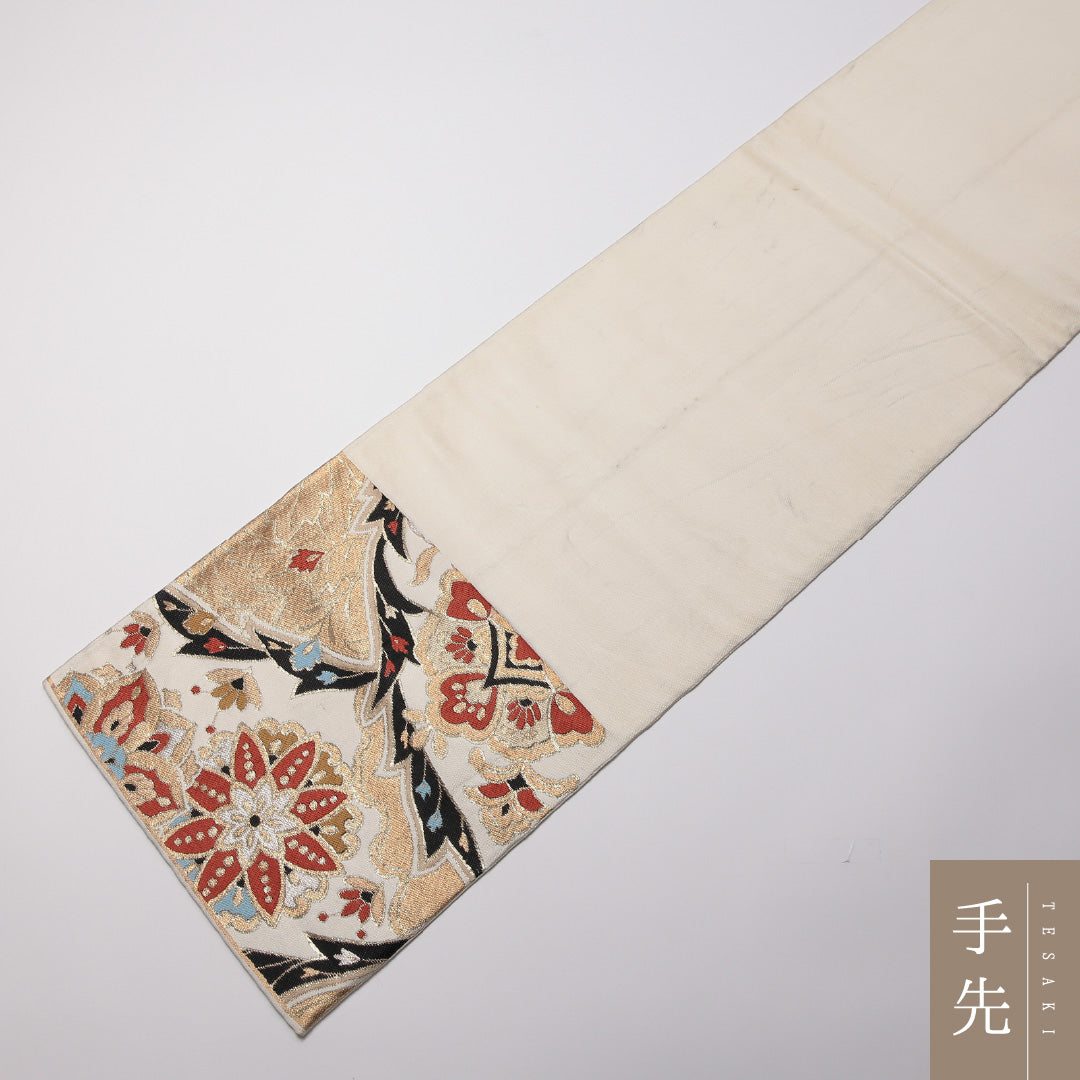 レトロ 袋帯 帯丈412cm 六通 宝相華 フォーマル クリーム系 正絹 Aランク 1223-01355