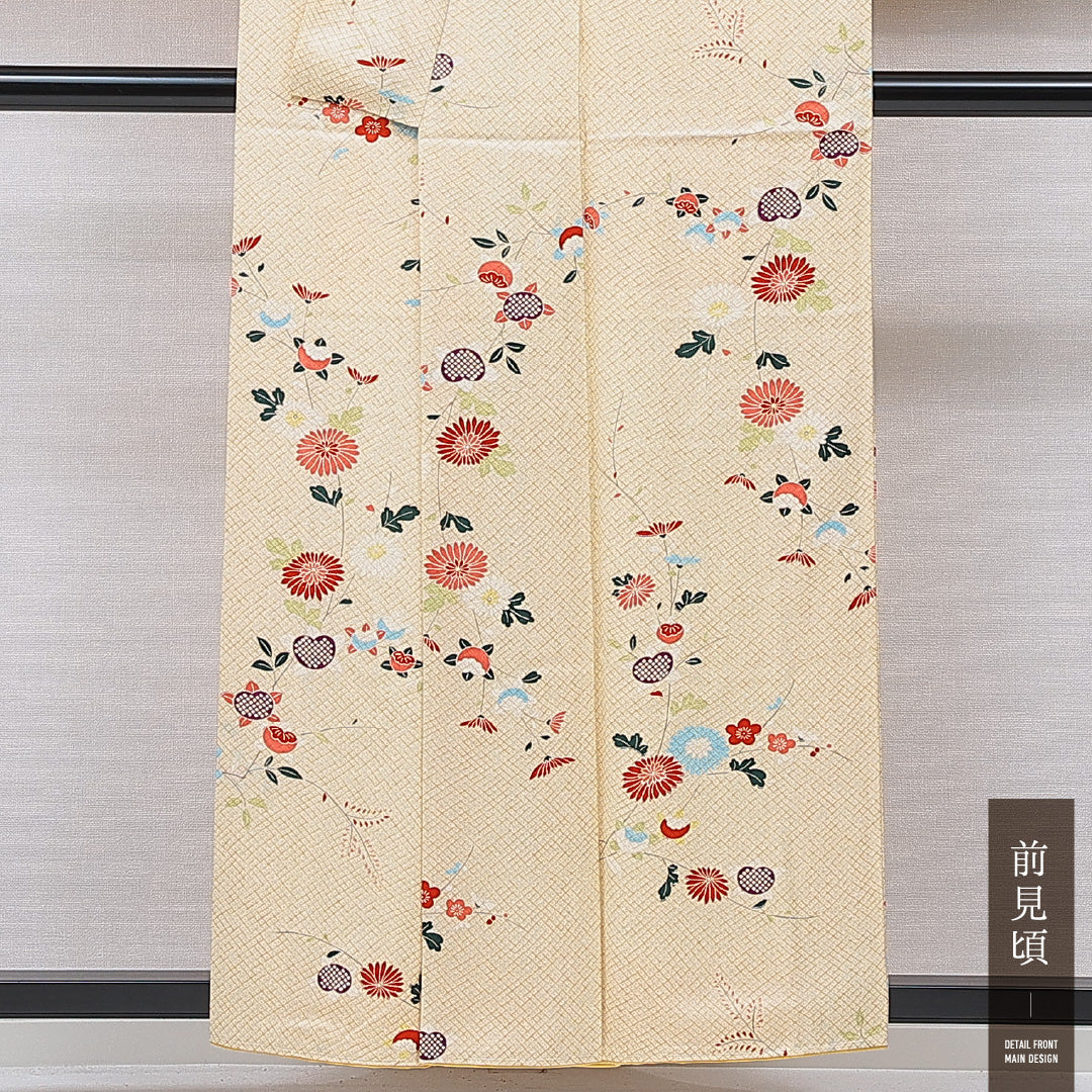 小紋 袷 身丈156cm 裄丈62cm 正絹 Aランク インフォーマル 広衿 Mサイズ 菊 クリーム系 HP 1221-15626