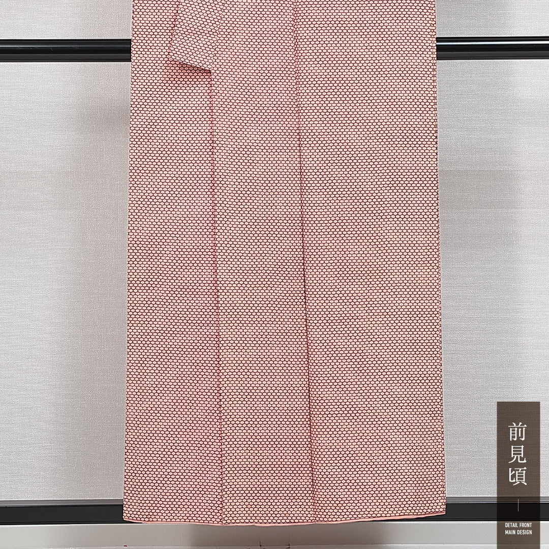 小紋 袷 身丈153cm 裄丈64cm 正絹 Cランク インフォーマル バチ衿 Sサイズ 亀甲 ピンク系 HP 1221-14733