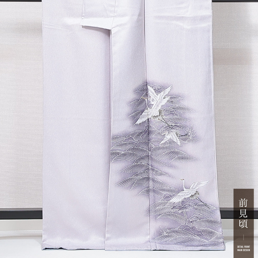 洗える着物 訪問着 袷 身丈168cm 裄丈64cm ポリエステル Sランク セミフォーマル 広衿 XLサイズ 鶴 松 グレー系 RP 1217-14978