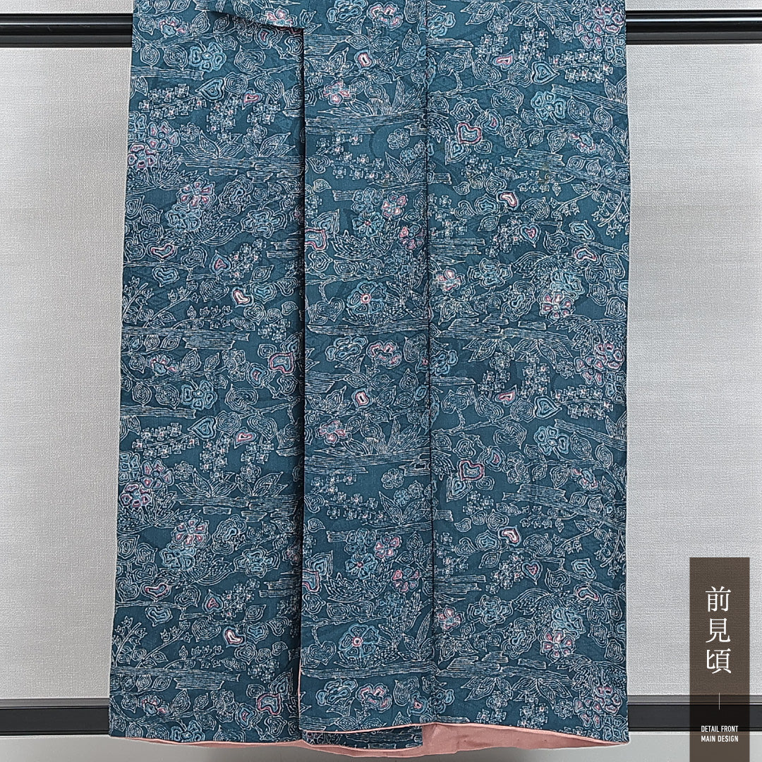 アンティーク 小紋 袷 身丈149cm 裄丈64cm 正絹 Aランク 広衿 XSサイズ 植物柄 青系 RP 1221-14794