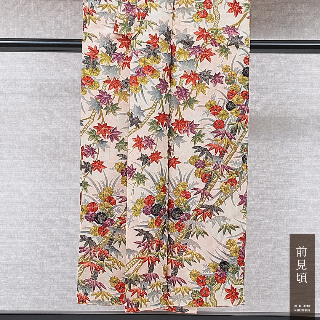 アンティーク 小紋 袷 身丈148cm 裄丈62cm 正絹 Bランク XSサイズ バチ衿 菊 紅葉 クリーム系 多色系 1215-15625