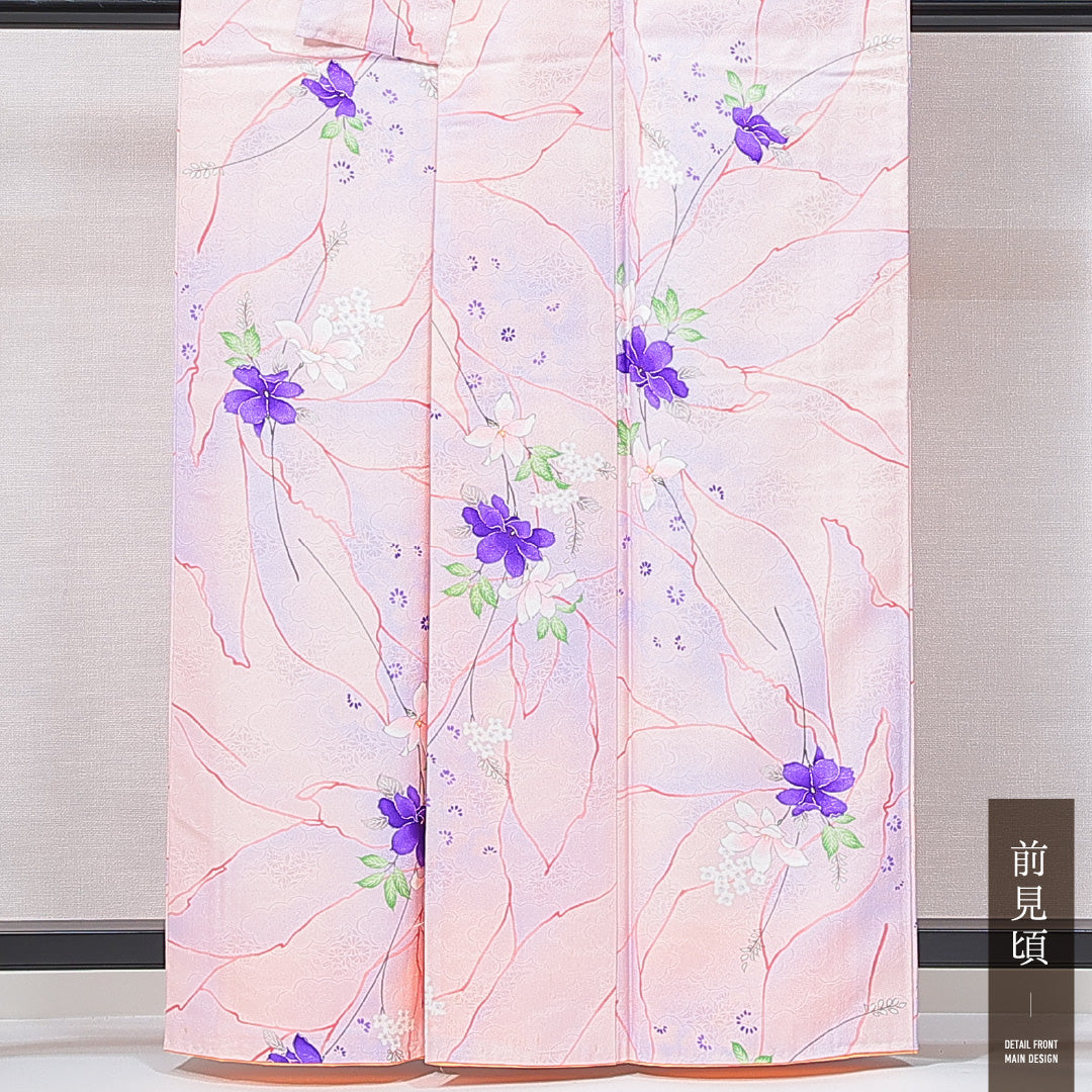 小紋 洗える着物 袷 身丈160cm 裄丈62cm ポリエステル Aランク Lサイズ 広衿 インフォーマル 花柄 ピンク系 紫系 1215-14973