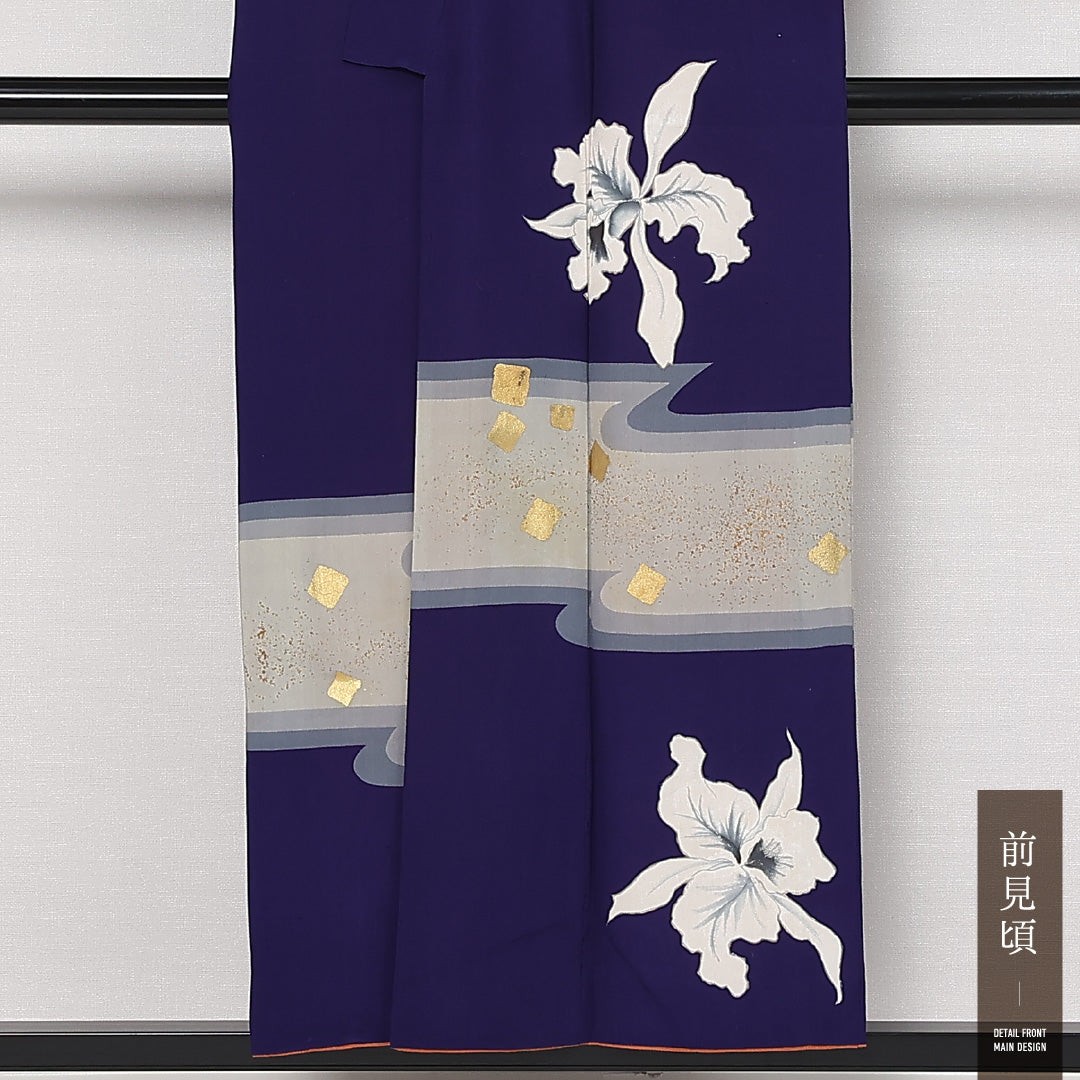 アンティーク 付下げ 袷 身丈145cm 裄丈61cm 正絹 Aランク バチ衿 XSサイズ 金箔 カサブランカ 紺系 PO 1218-13606