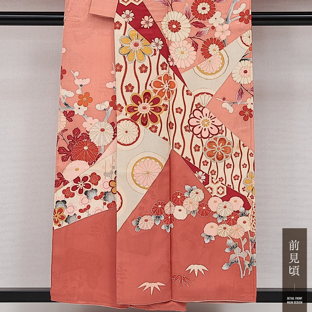 アンティーク 訪問着 (錦紗) 袷 身丈152cm 裄丈62cm 正絹 Aランク バチ衿 Sサイズ 吉祥文様 ピンク系 M4 1217-14233