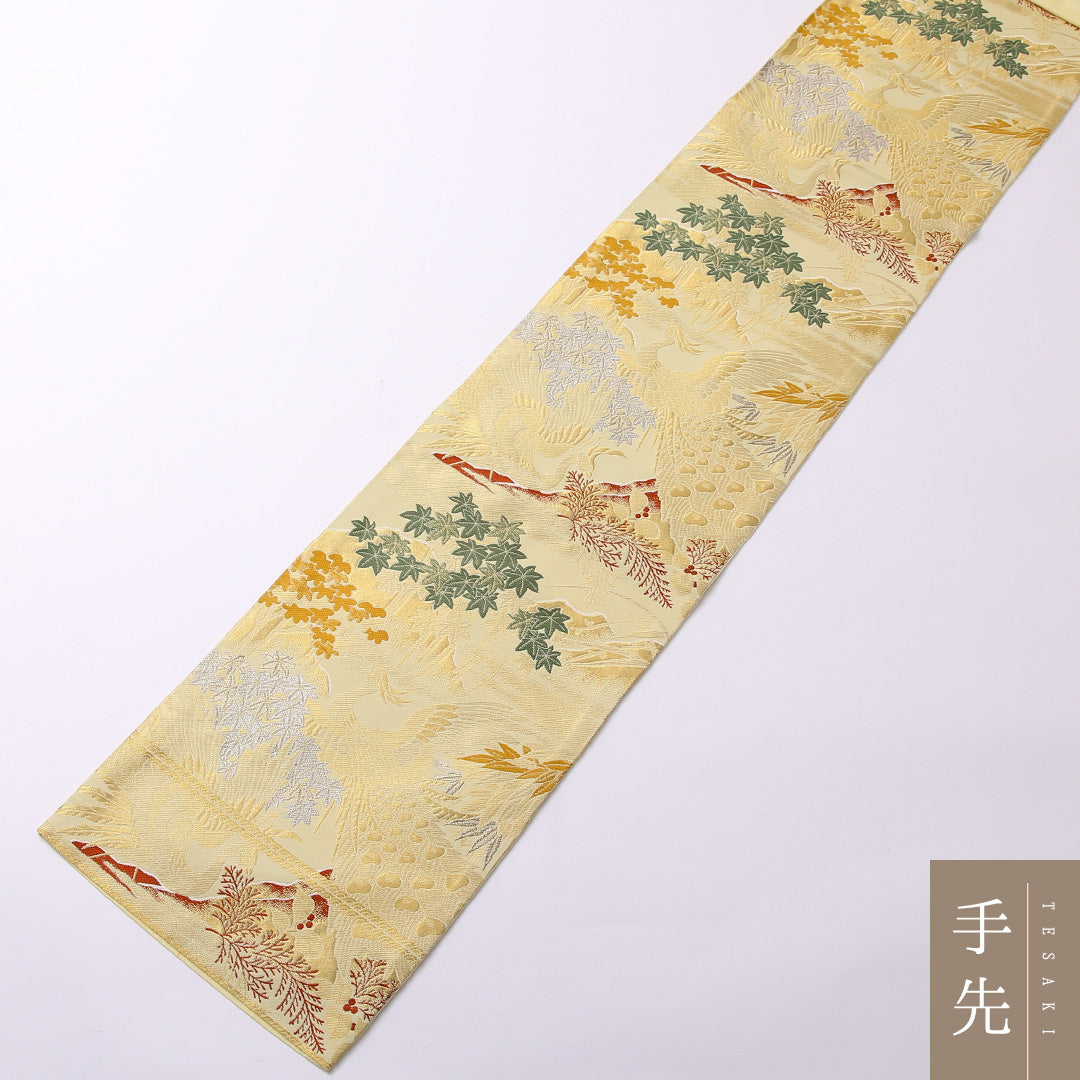 アンティーク 袋帯 帯丈384cm 六通 Aランク 正絹 尾長鳥 古典的 格調高い 金系 1223-01487