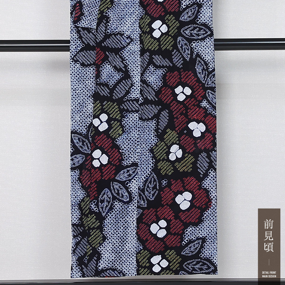 夏物 洗える着物 木綿の有松鳴海絞 (有松鳴海絞) 夏物 身丈149cm 裄丈67cm 木綿 Aランク カジュアル バチ衿 XSサイズ 居敷当て 花柄 紺系 M4 1225-12123