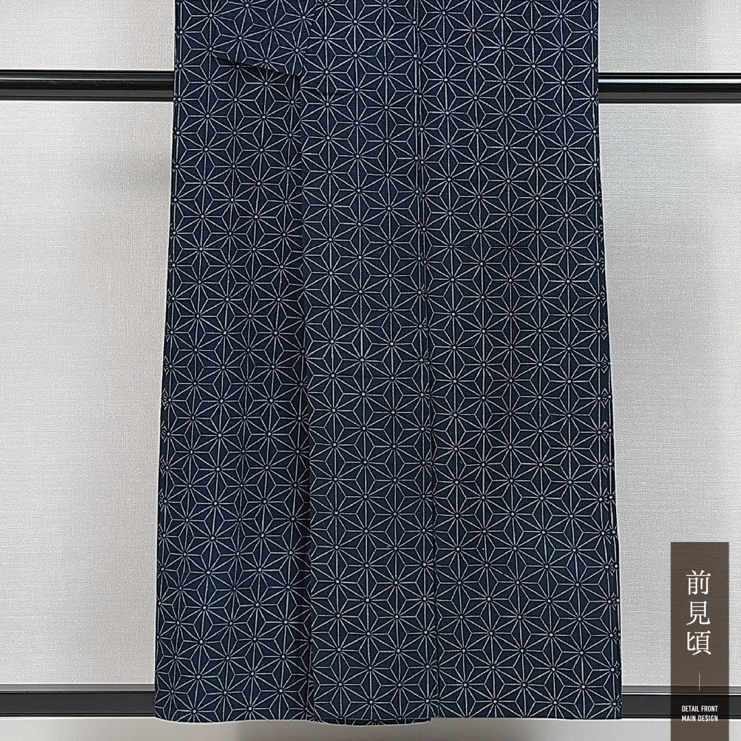 麻の紬 夏物 洗える着物 単衣 身丈153cm 裄丈61cm 麻 Cランク Sサイズ 広衿 カジュアル 染紬 麻の葉 紺系 1216-14872