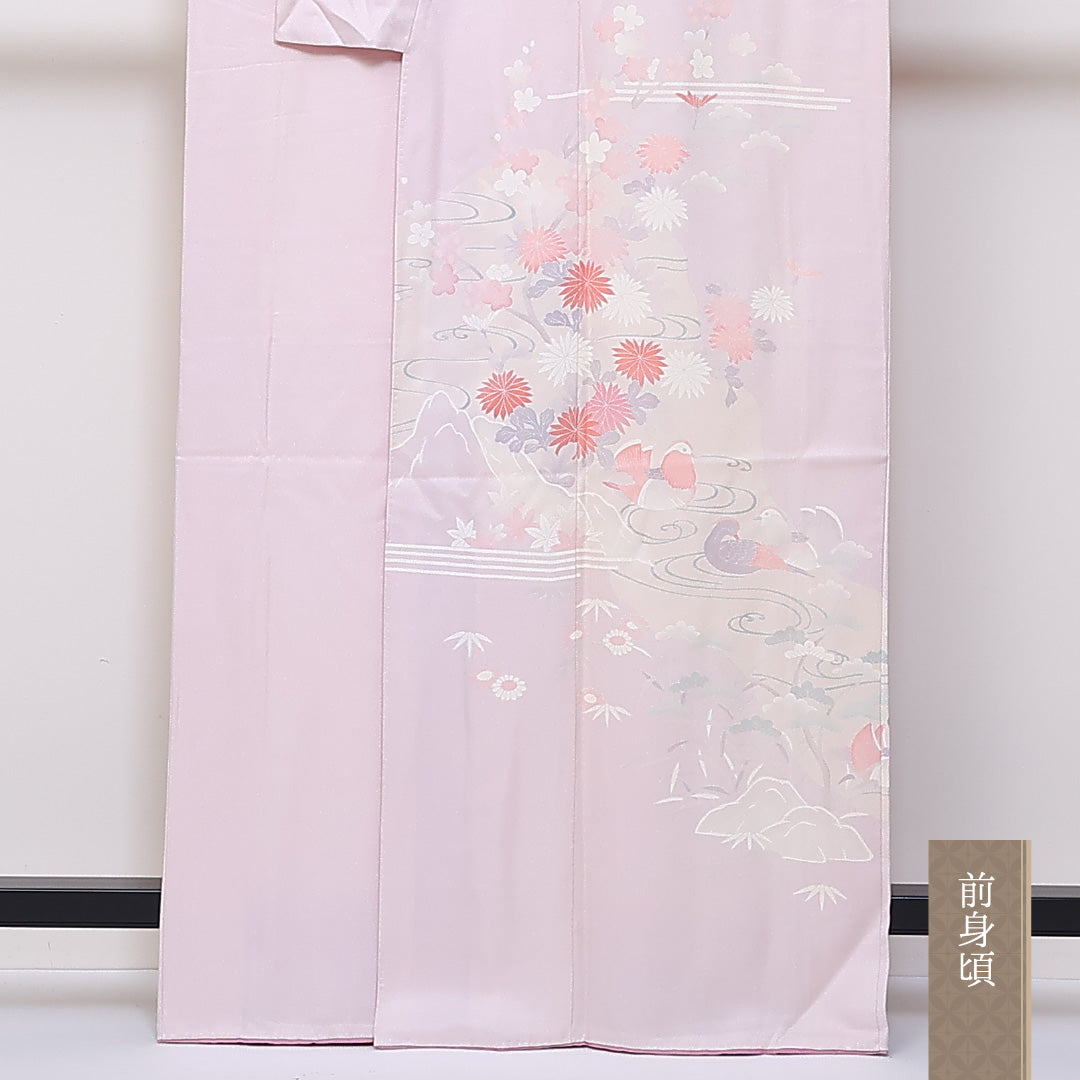 訪問着 袷 身丈164cm 裄64cm 正絹 観世水 鴛鴦 笠松 菊 Aランク 1212-00686