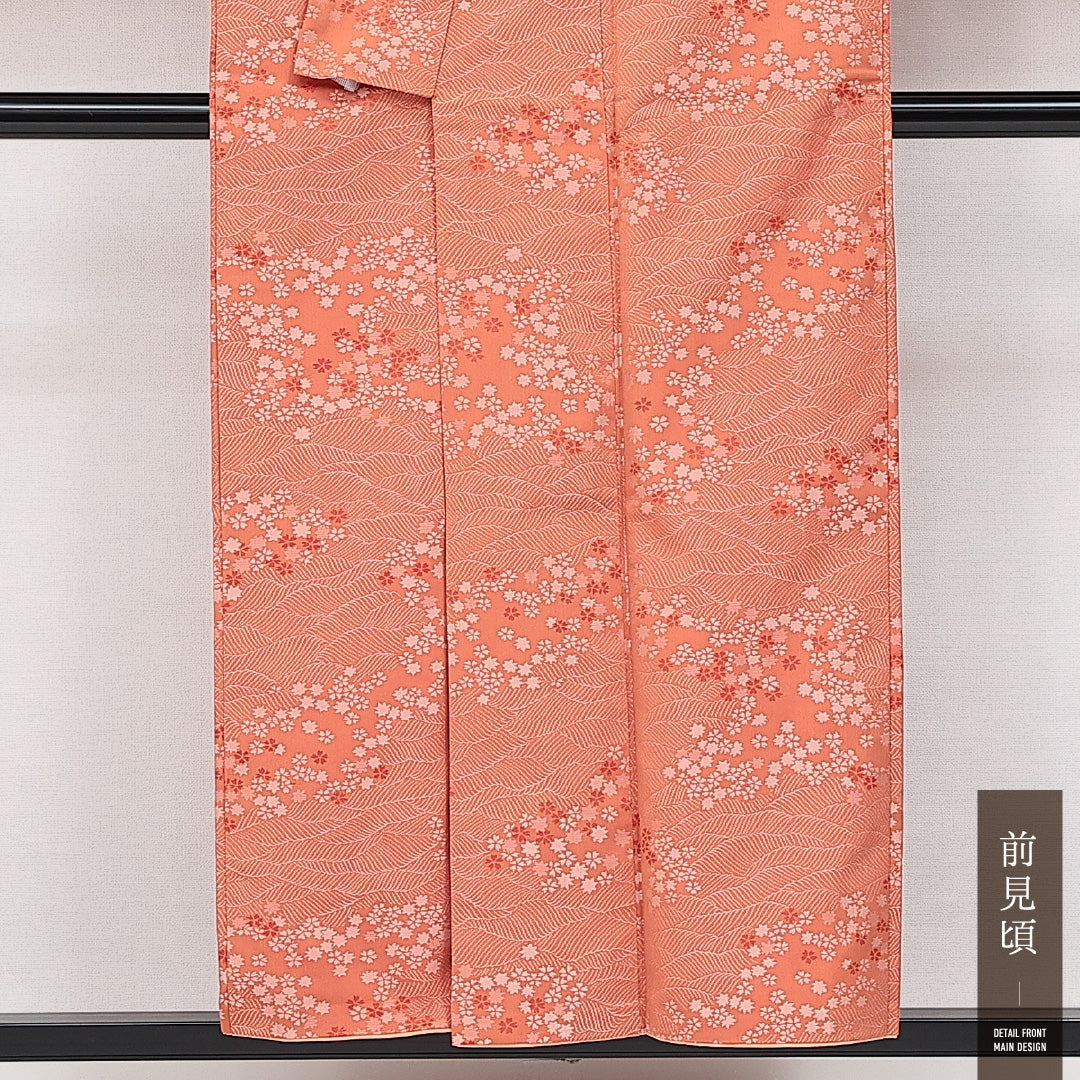 アンティーク お召 袷 身丈153cm 裄丈63cm 正絹 Aランク 広衿 Sサイズ 光琳波 桜 朱系 RP 1222-14614