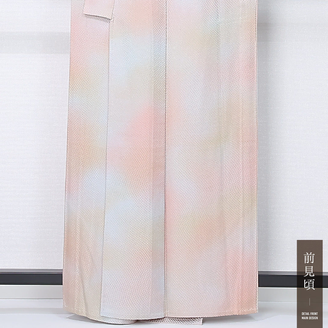 小紋 単衣 身丈161cm 裄丈62cm 正絹 Sランク 一つ紋 (雪輪に蔦) セミフォーマル バチ衿 Lサイズ ぼかし染 肩当て 抽象柄 グレー系 RP 1221-12286