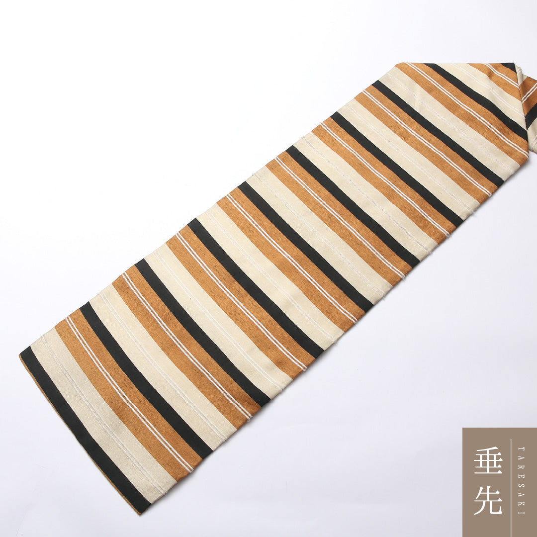 名古屋帯 全通 帯丈362cm カジュアル Cランク ポリエステル 縞 クリーム系 1224-02497