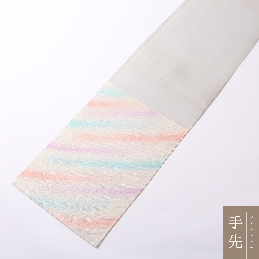 袋帯 帯丈420cm 正絹 六通 セミフォーマル 菱つなぎ 多色系 白系 1243-01513