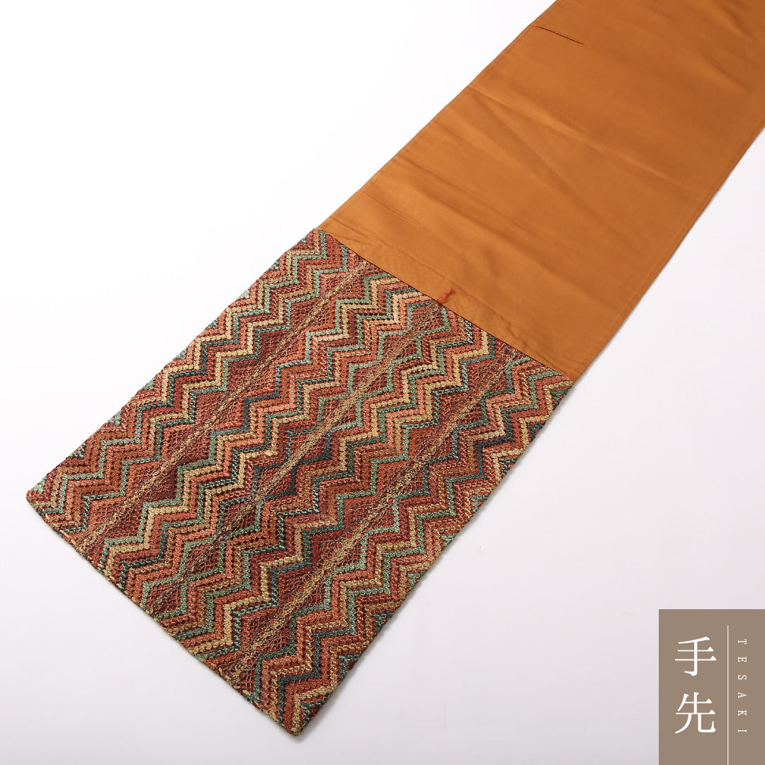 夏物 袋帯 帯丈422cm 正絹 六通 カジュアル 幾何学柄 茶系 多色系 1243-01704