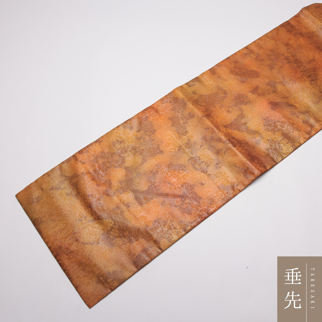 未使用品 九寸名古屋帯 Nランク 帯丈360cm 正絹 全通 名古屋仕立て 織り インフォーマル しつけ糸 更紗 朱系 GP 1245-01860