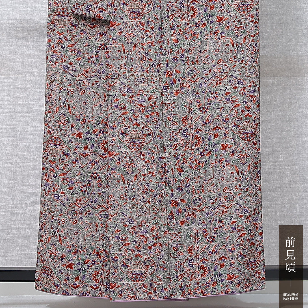小紋 袷 身丈155cm 裄丈64cm 正絹 Aランク インフォーマル 広衿 Mサイズ 更紗 花柄 グレー系 RP 1221-14916