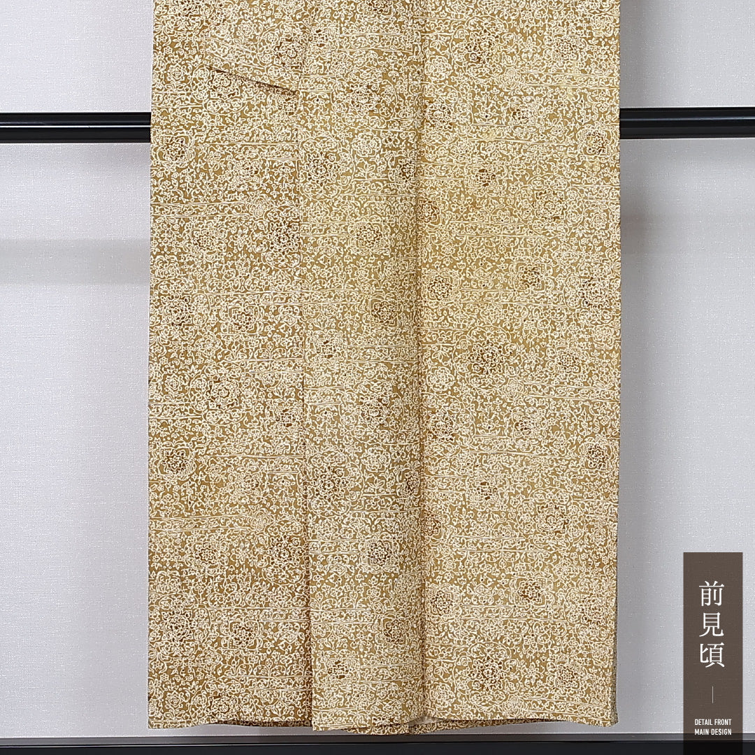 小紋 身丈146cm 裄丈64cm Aランク XS 正絹 単衣 広衿 オリエンタル 宝相華 カジュアル 黄系 1215-12315