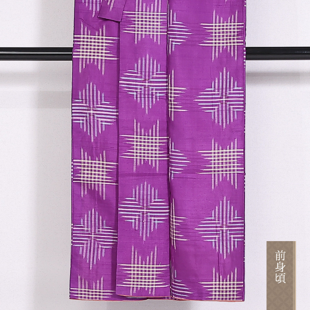 紬 袷 身丈141cm 裄64cm 正絹 絣 紫系 Cランク 1216-01483