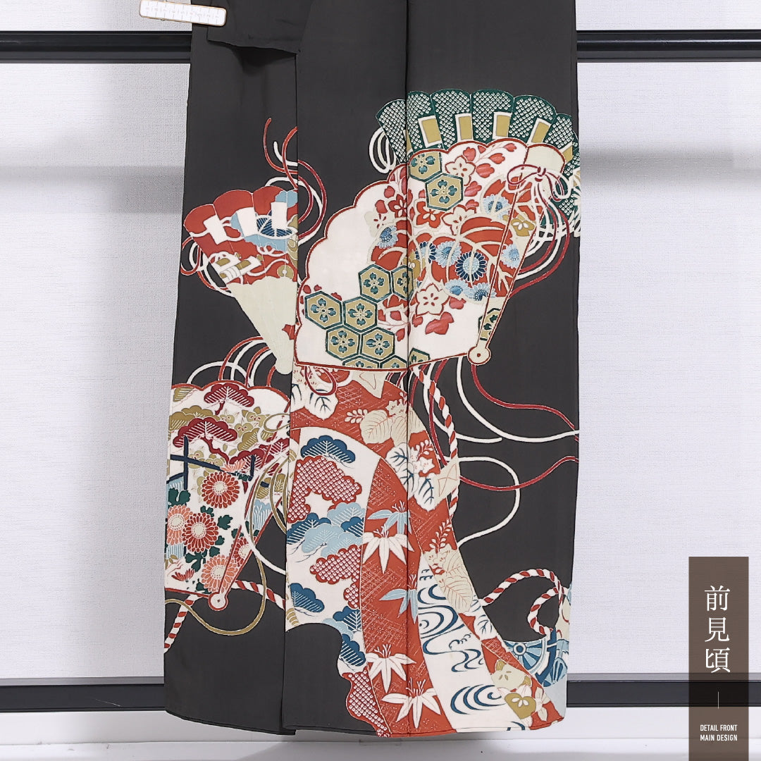 アンティーク 黒留袖 身丈154cm 裄丈61cm 袷 五つ紋 丸に蔦 正絹 Bランク バチ衿 吉祥文様 扇子 1211-F0421